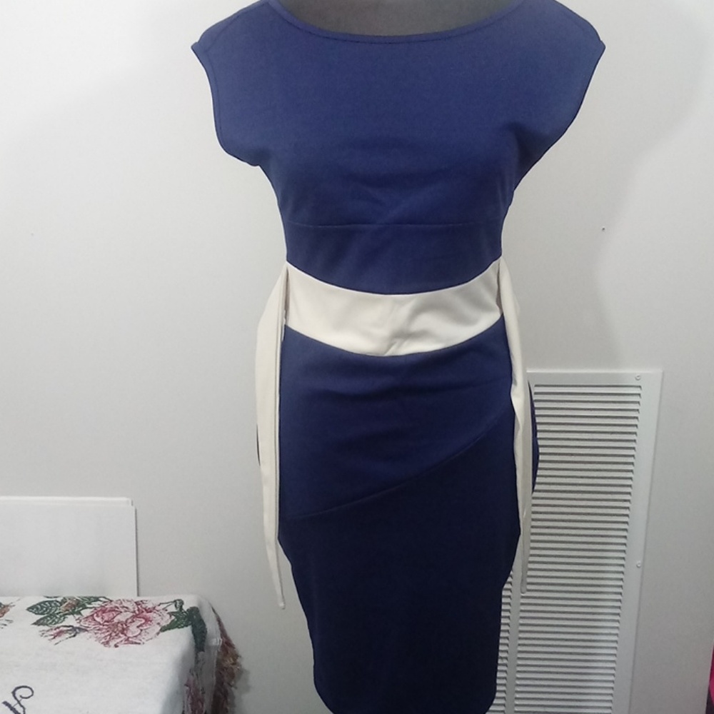 Blue and cream belted dress aline - Picture 5 of 7